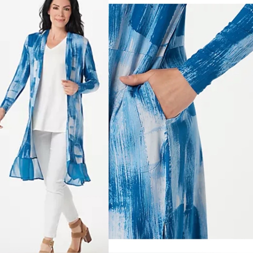 LOGO by Lori Goldstein Teal and Light Blue Abstract Open Cardigan